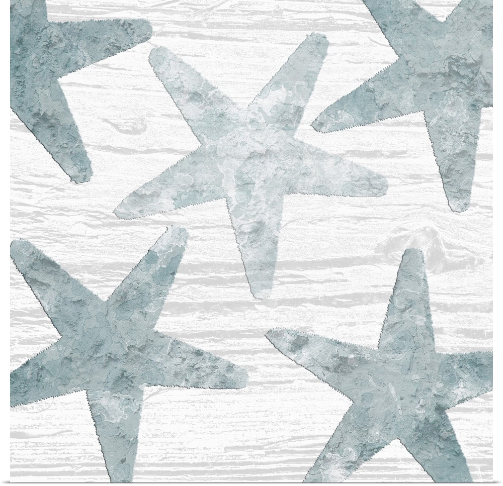 Square watercolor painting of blue starfish on a white wood grain background.