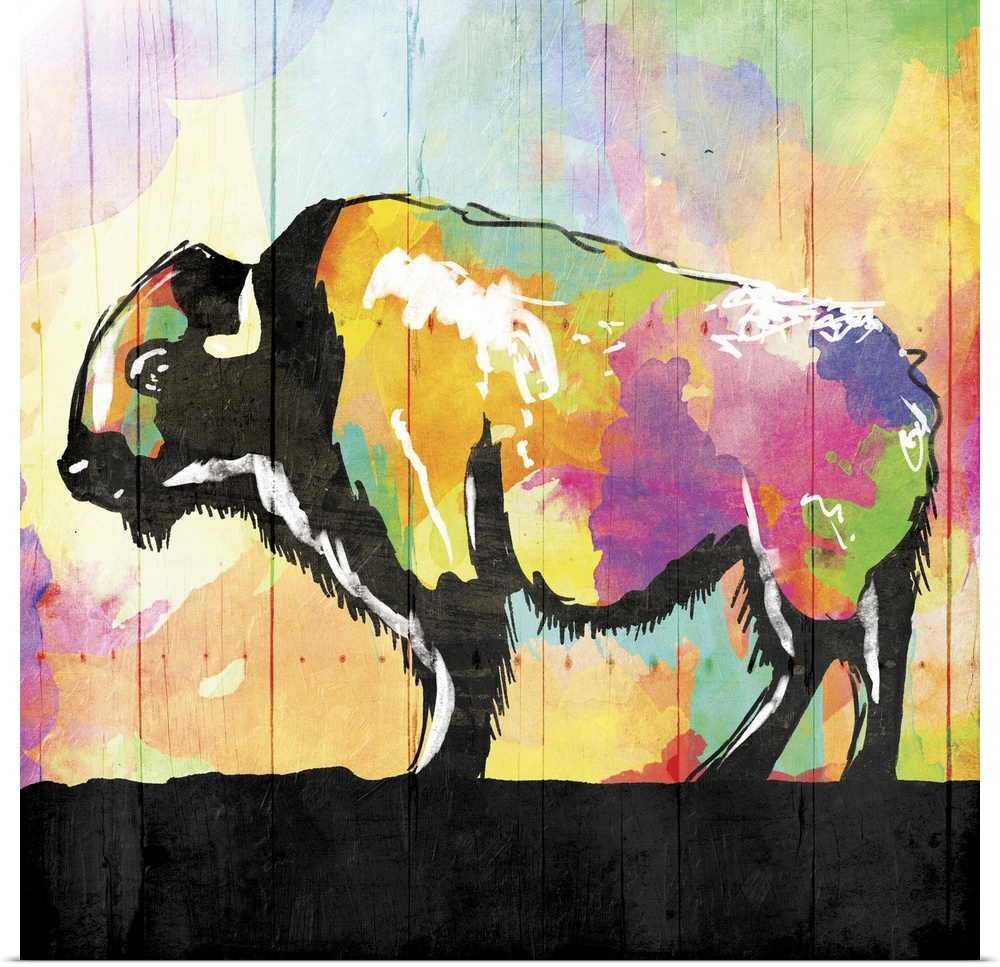 A bright and colorful painting of a buffalo with contrasting black and white hues.