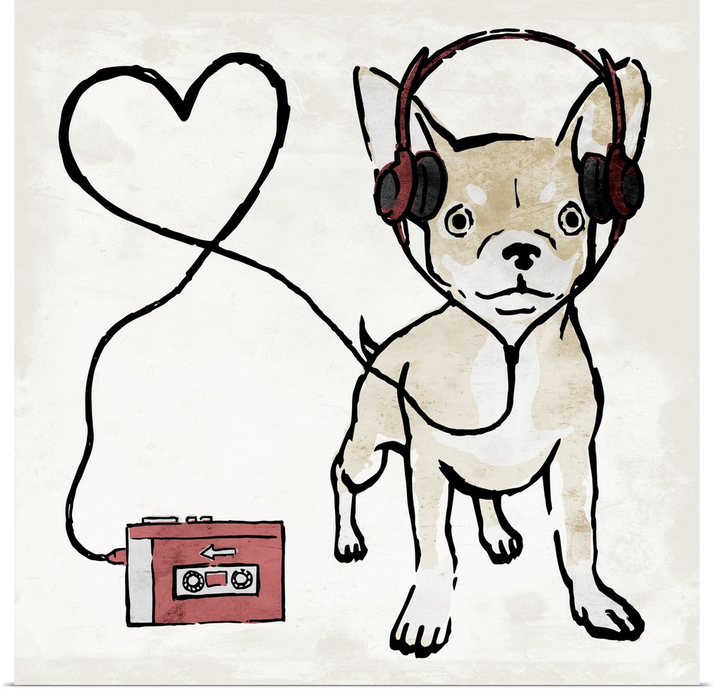 A painting of a chihuahua wearing head phones with the cord making a heart.