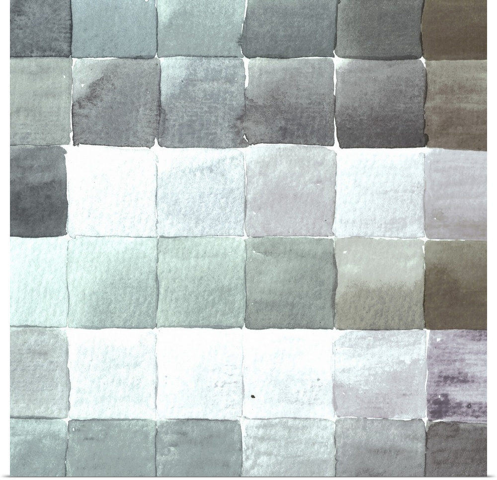 Contemporary artwork of square tiles in various cool tones.