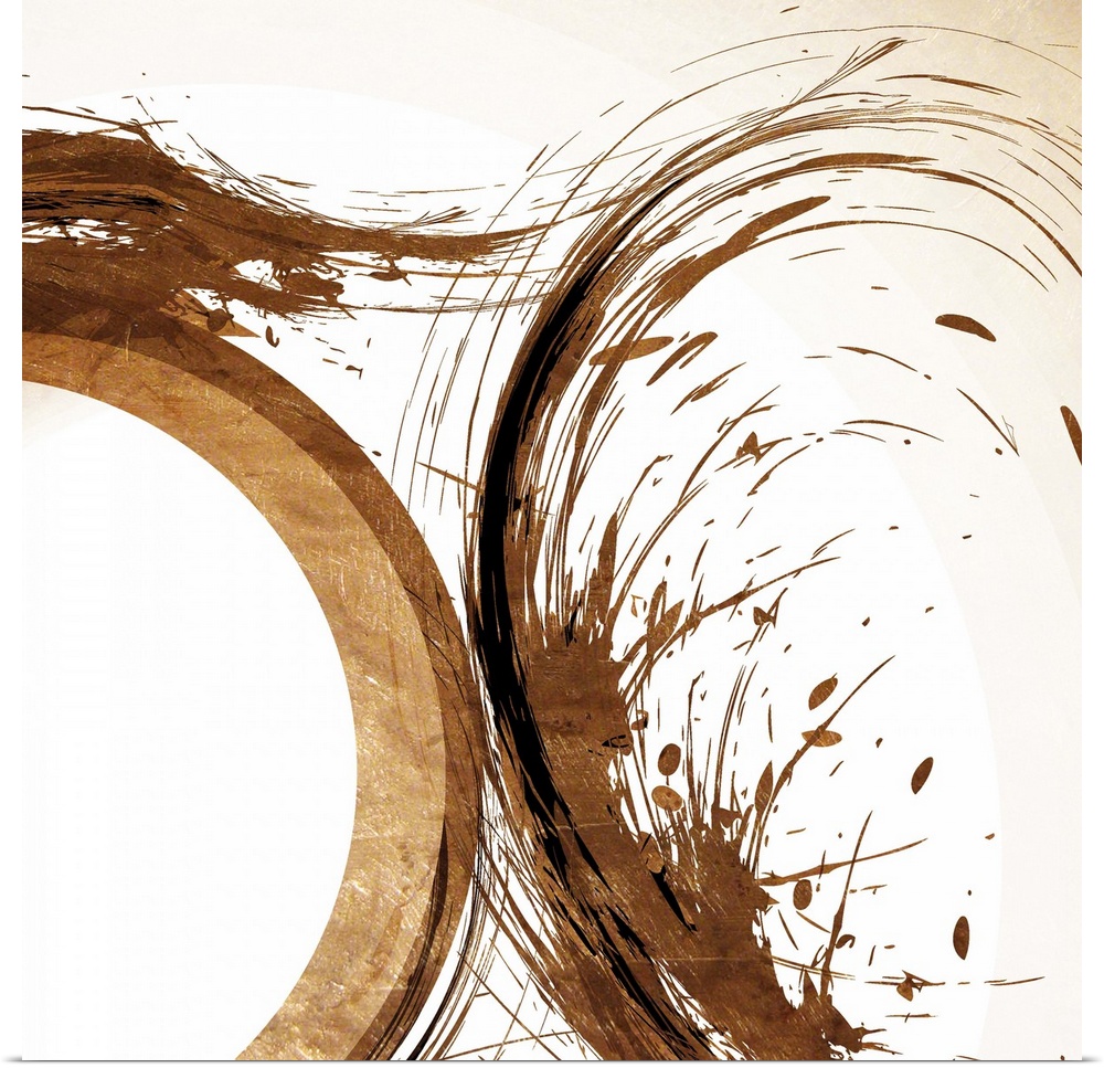 Abstract artwork in rich brown shades of quick, curving brush strokes with paint splatters.