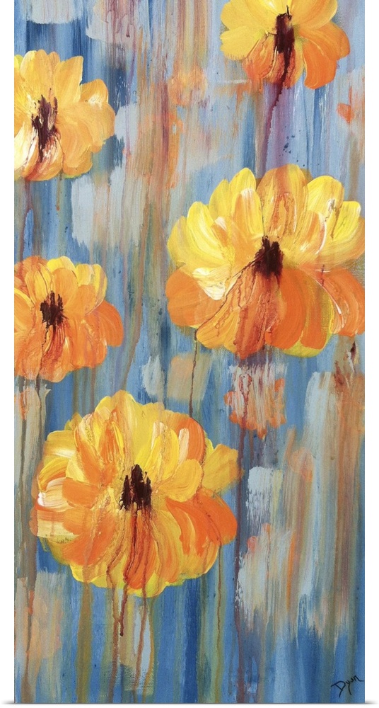 Vertical contemporary painting of cosmos flowers floating on a mutli-toned surfed. With streaks running from the top to th...