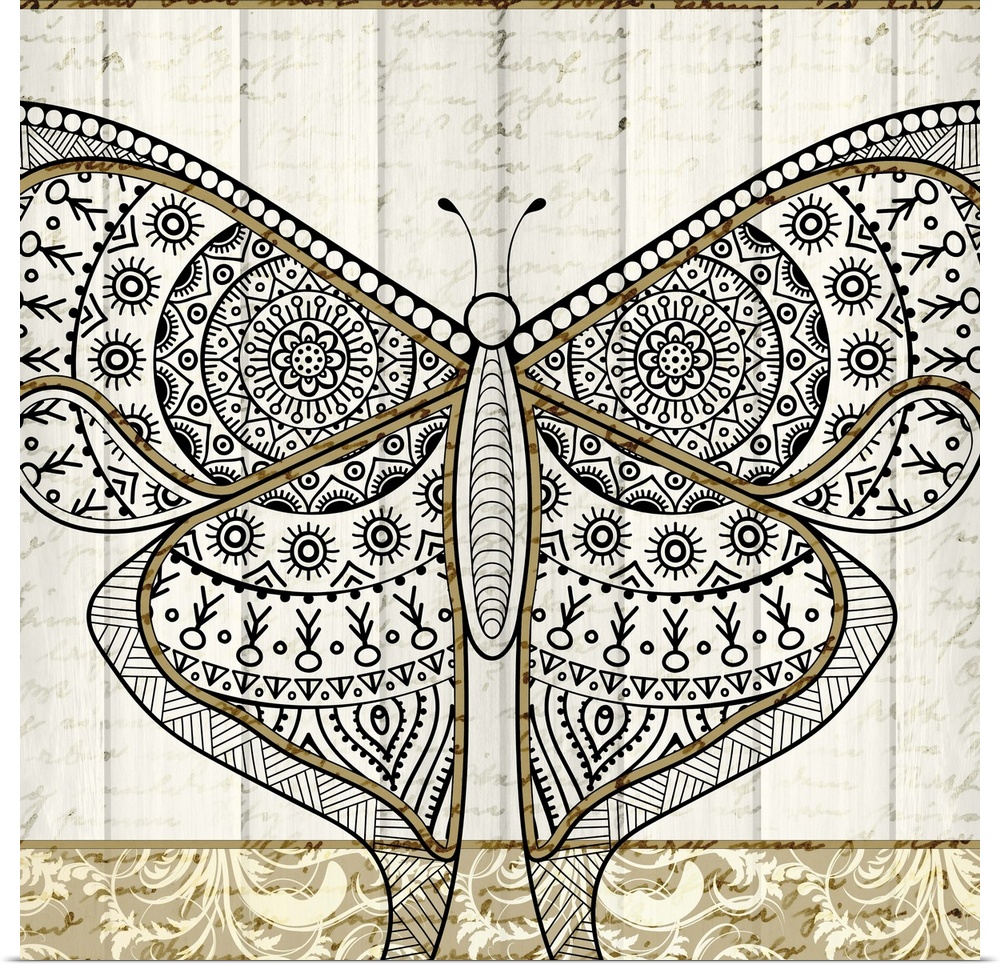 A black and gold symmetrically designed butterfly on a white wood panel background with faint handwritten text.