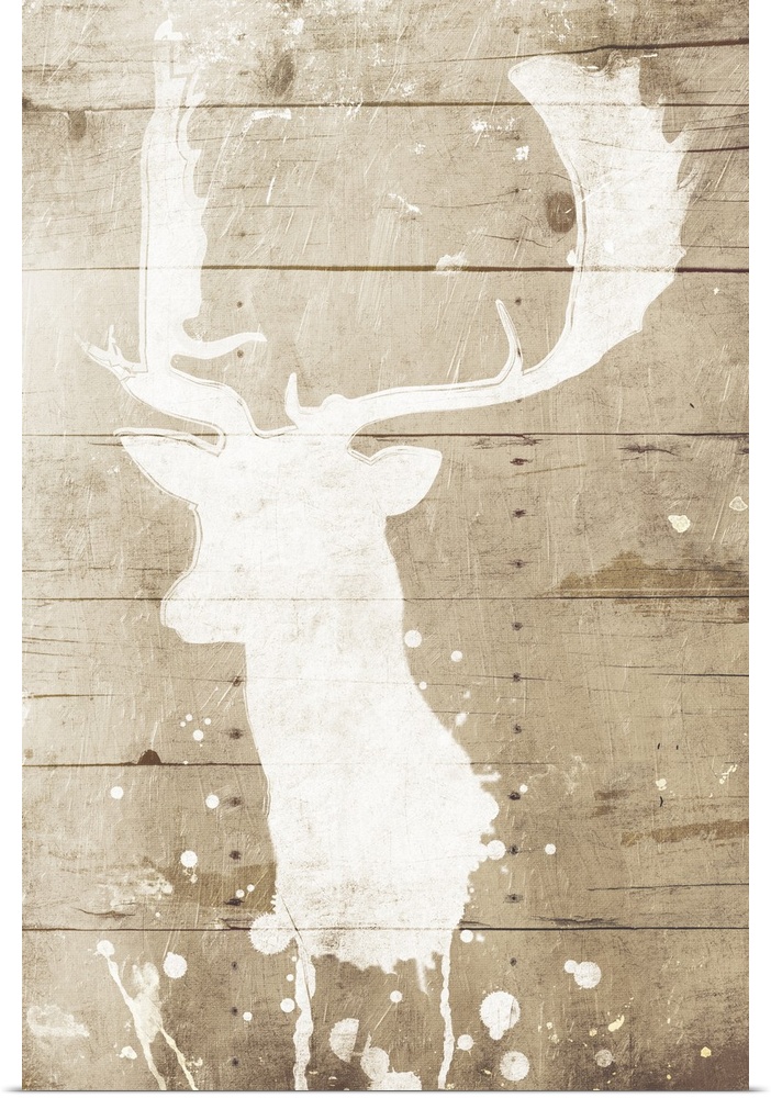 A white silhouette of a deer painted on a wood background with some paint drips and splatter.