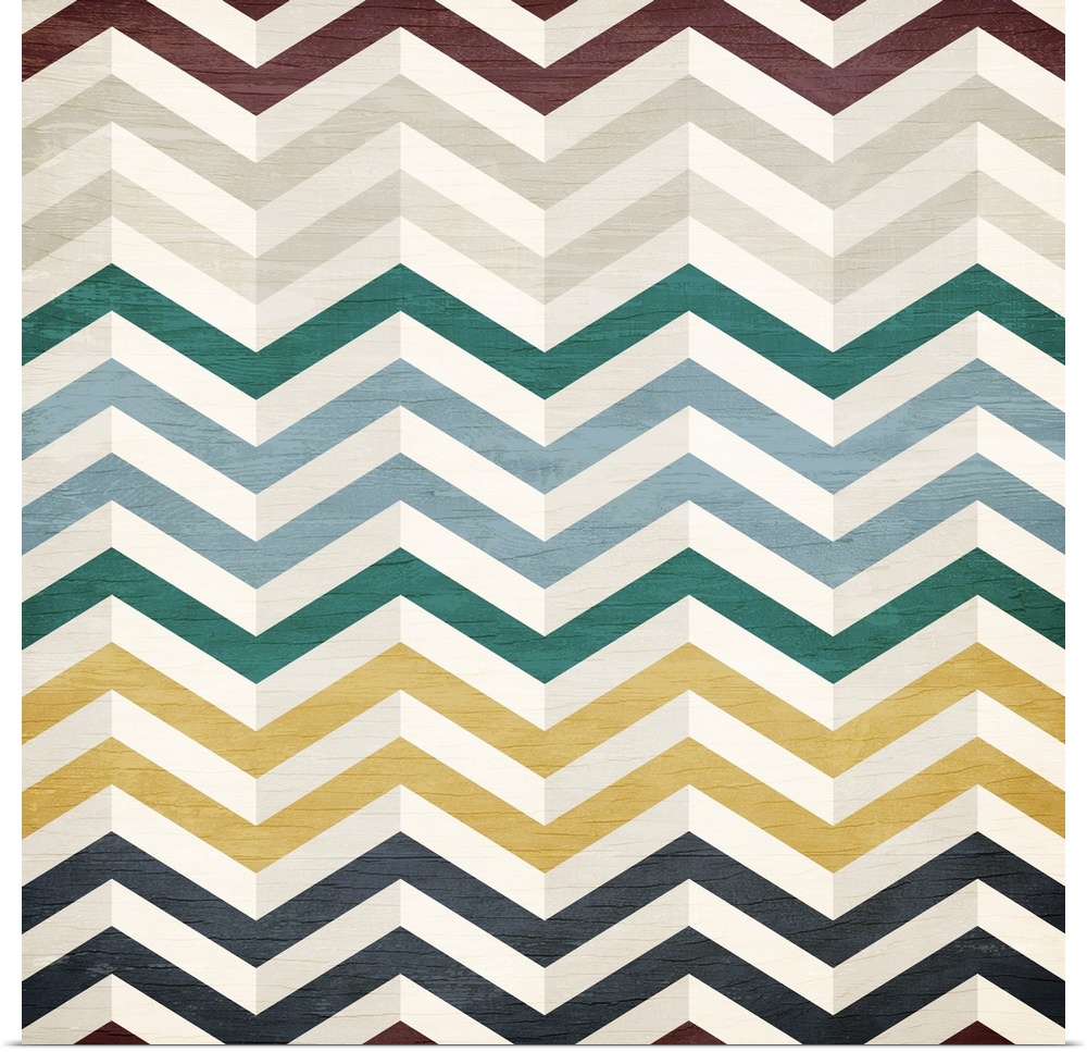 A painting of a colorful zigzag pattern on a wood grain background.