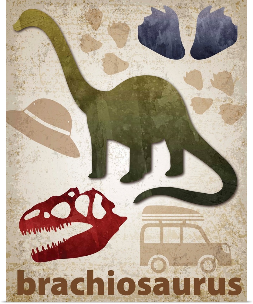 Brachiosaurus artwork featuring a silhouette with footprints and a skull.