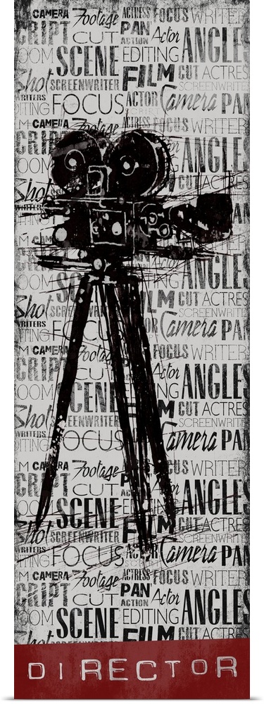 A vintage camera on a background filled with layers of text, with the word "Director" at the bottom.
