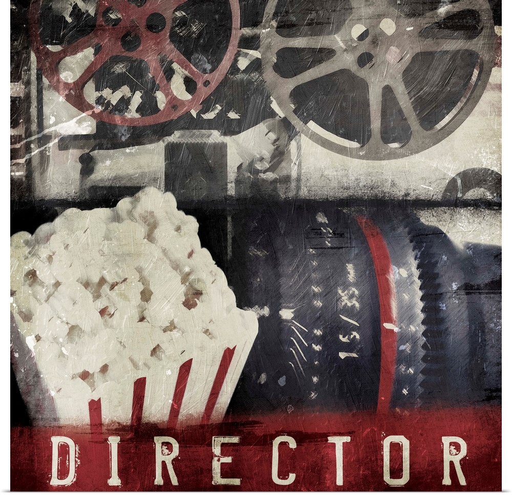 A vintage square theater art piece with popcorn, a camera, and film reels with the word ?Director? at painted the bottom.�