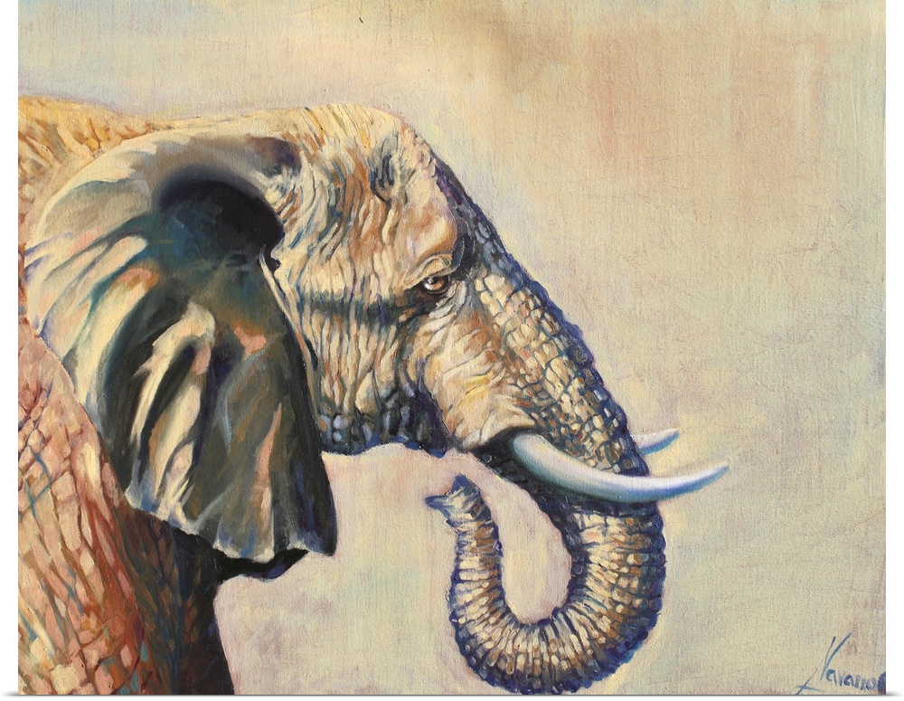 Contemporary paining of an elephant in profile against a pale light brown background.