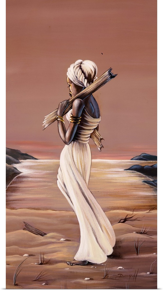 Contemporary African painting of a woman walking along the beach holding a piece of driftwood.