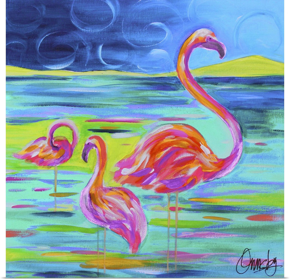 Contemporary painting of a flamingo family standing in water.
