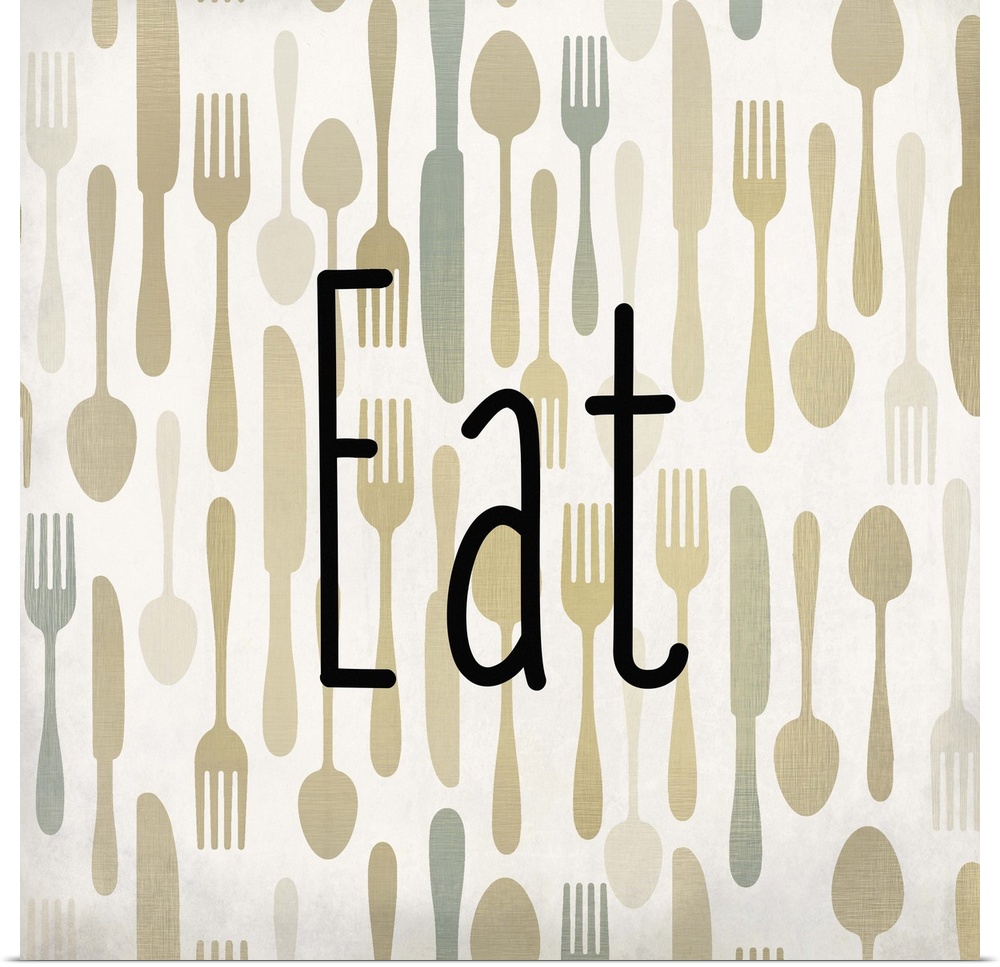 The word Eat in black text over a pattern of forks, spoons, and knives.