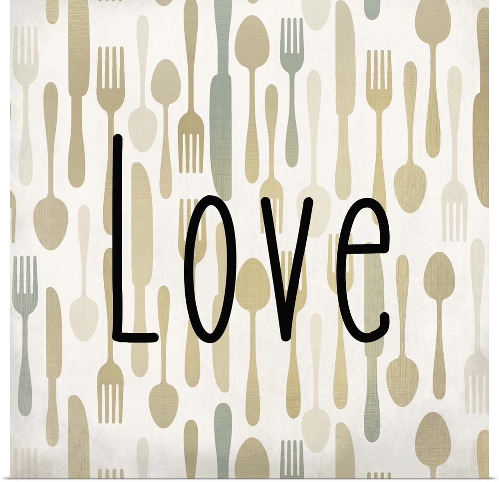 The word Love in black text over a pattern of forks, spoons, and knives.
