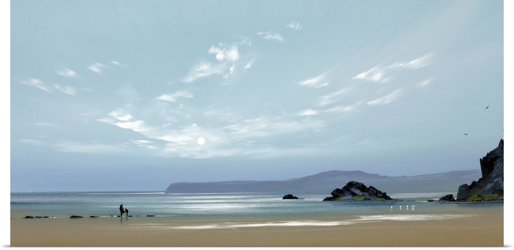 Contemporary painting of a pale blue sky over a wide sandy beach.
