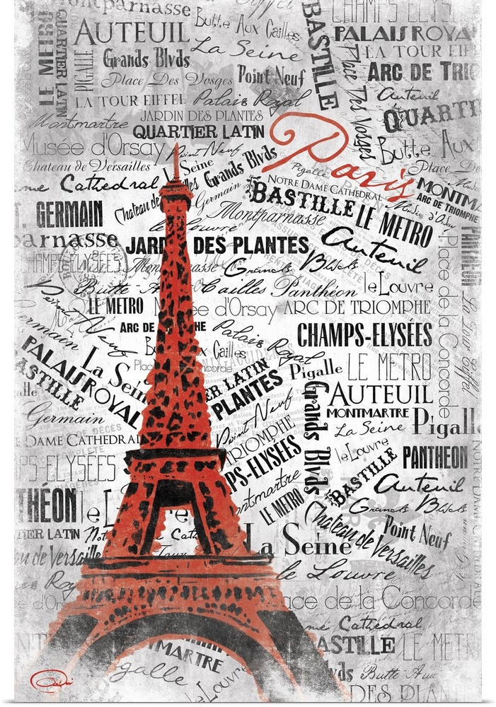 The Eiffel Tower in urban style against layered text background of different locations in Paris.