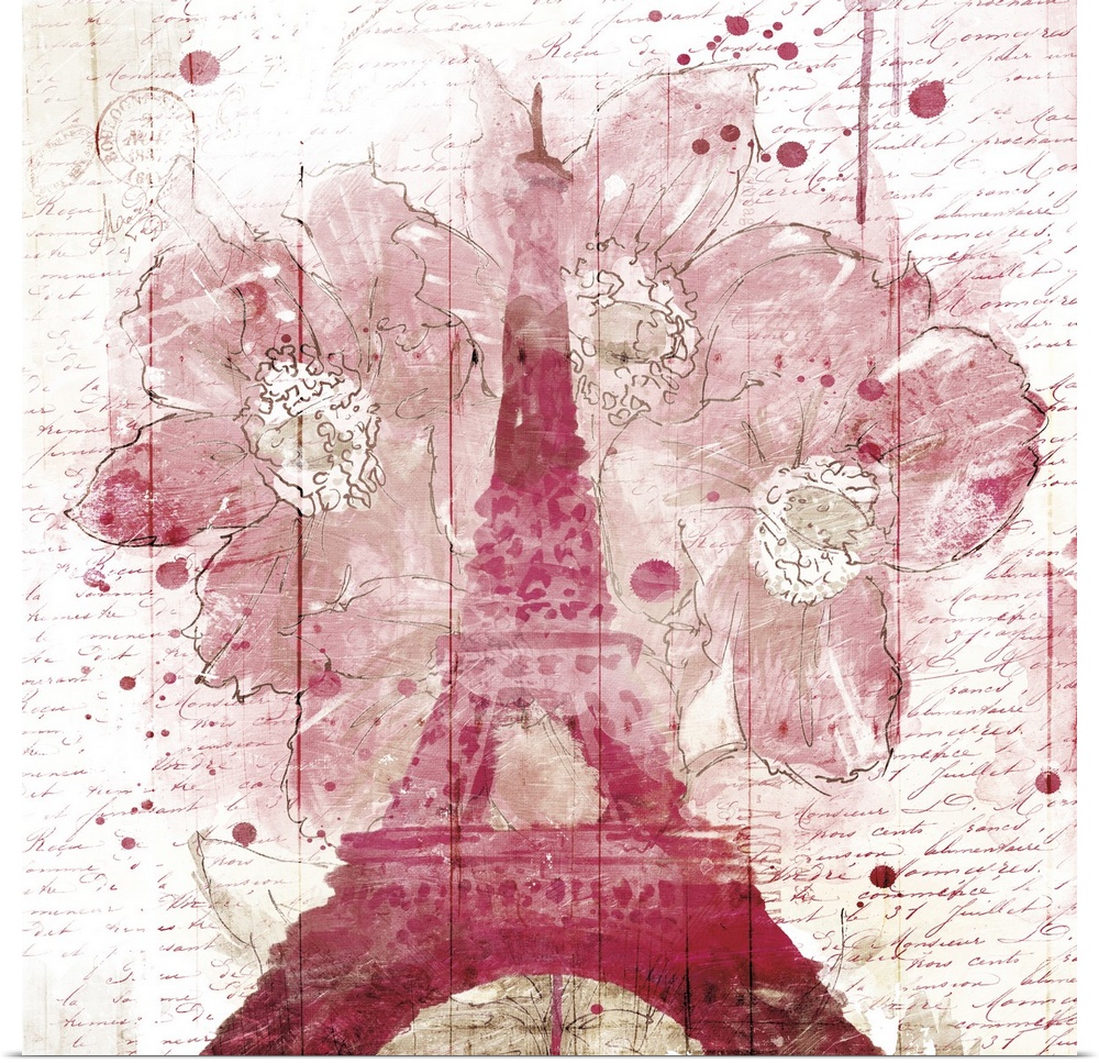 The shape of the Eiffel Tower in pink with watercolor flowers and paint drips.