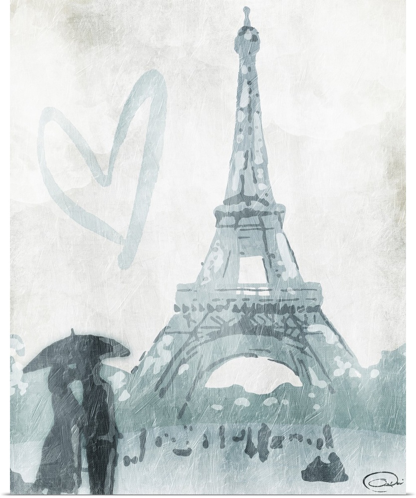 Contemporary travel artwork of a view of the Eiffel Tower in Paris with the silhouette of a couple under an umbrella.