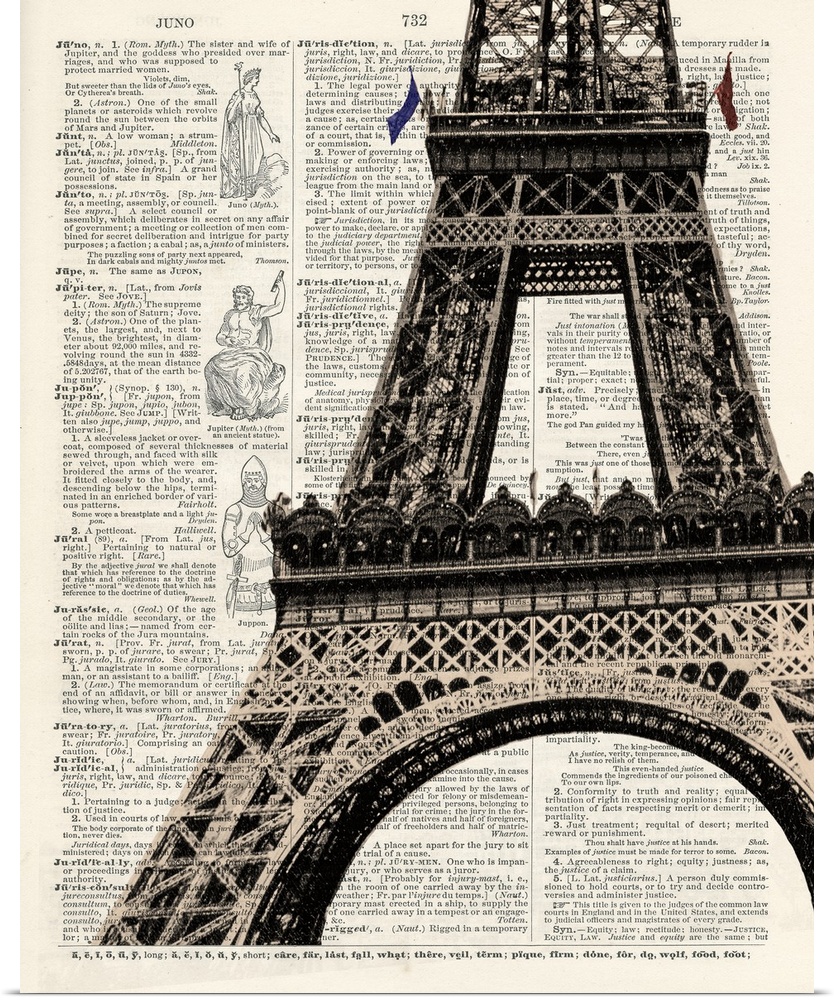 Contemporary artistic use of a page from a dictionary with the Eiffel Tower on top of the text.