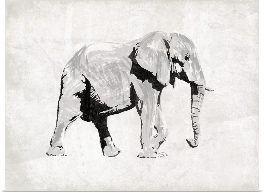 Contemporary illustration elephant facing the right, with left front leg lifted as if about to walk.