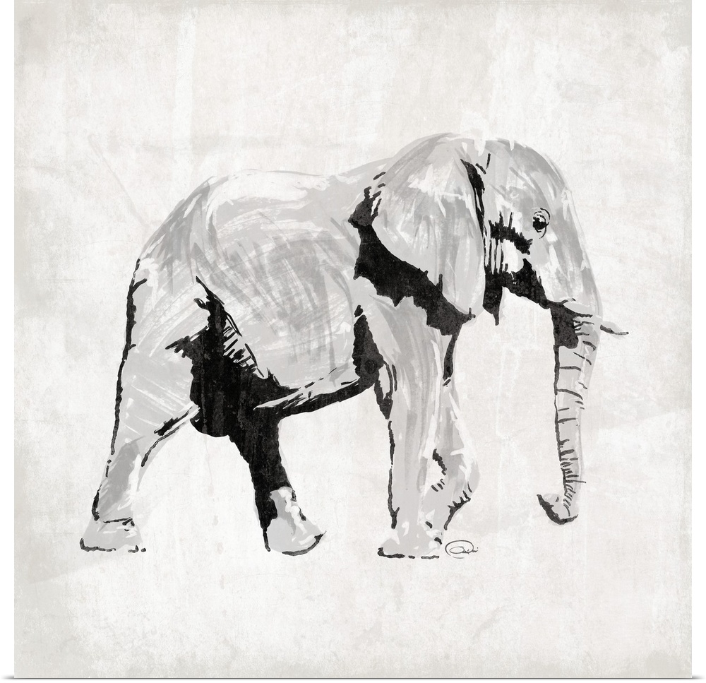 Contemporary piece of artwork with elephant facing the right lifting its left front front leg as if about to walk.