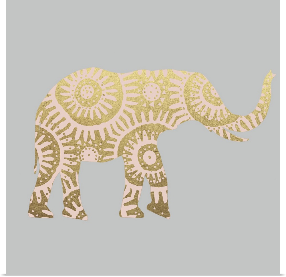 Square illustration of a pink elephant with metallic gold designs on a gray background.
