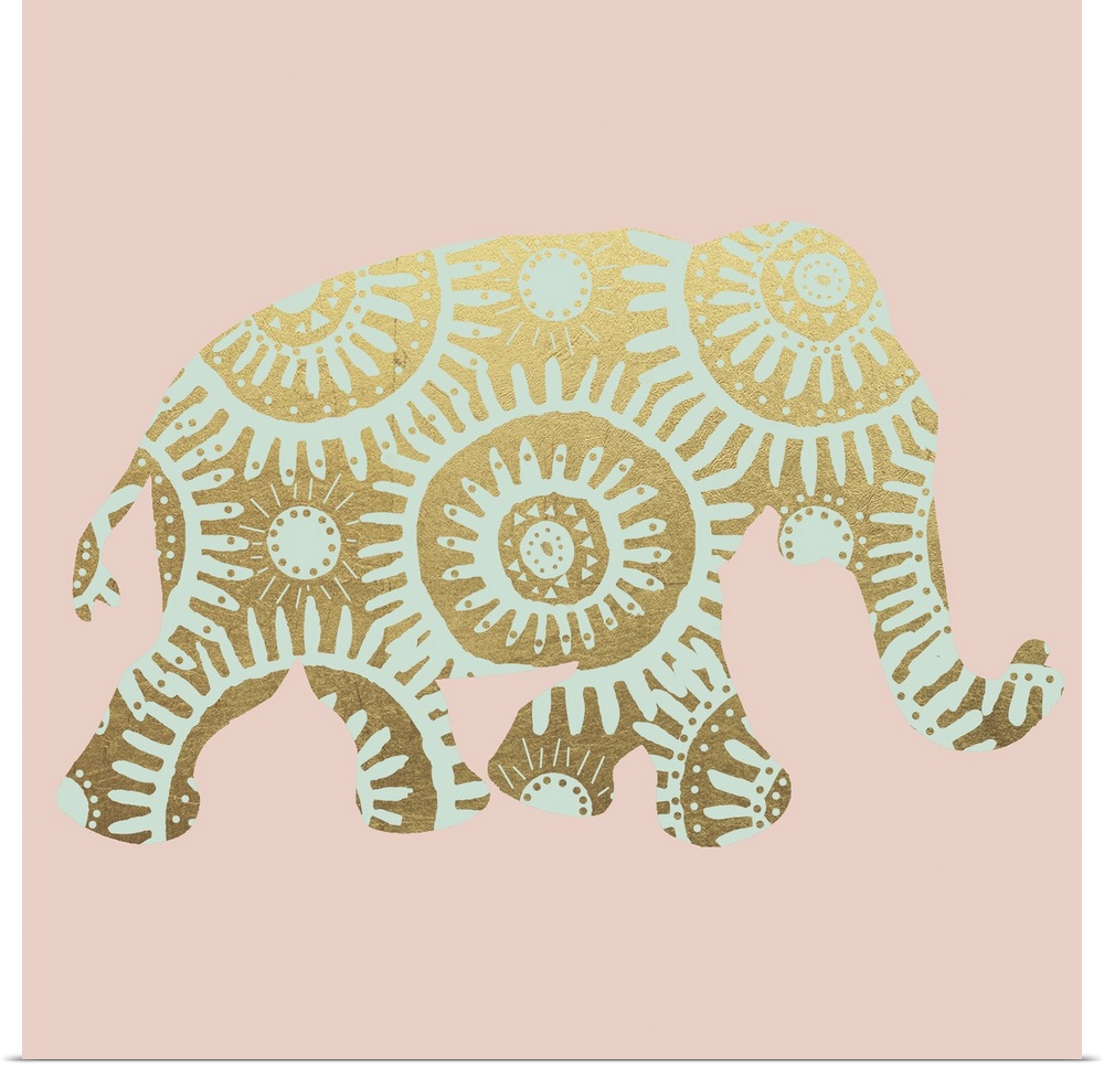 Square illustration of a light green elephant with a metallic gold design on a light pink background.