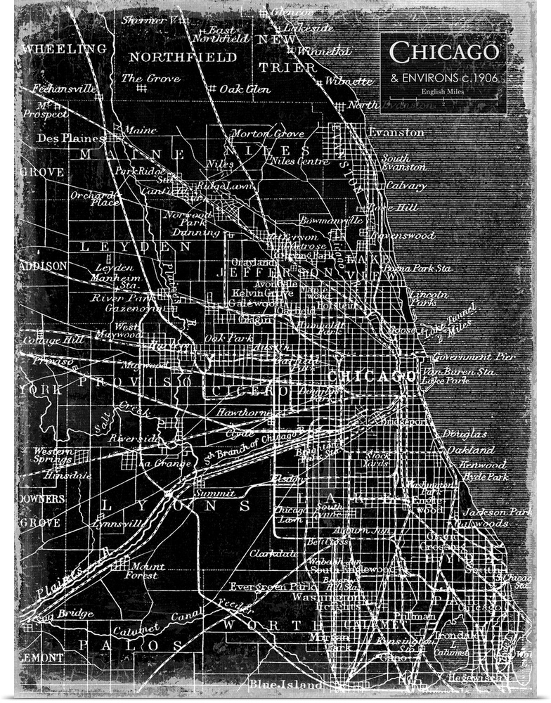 Rustic contemporary art map of Chicago districts, in black and white.