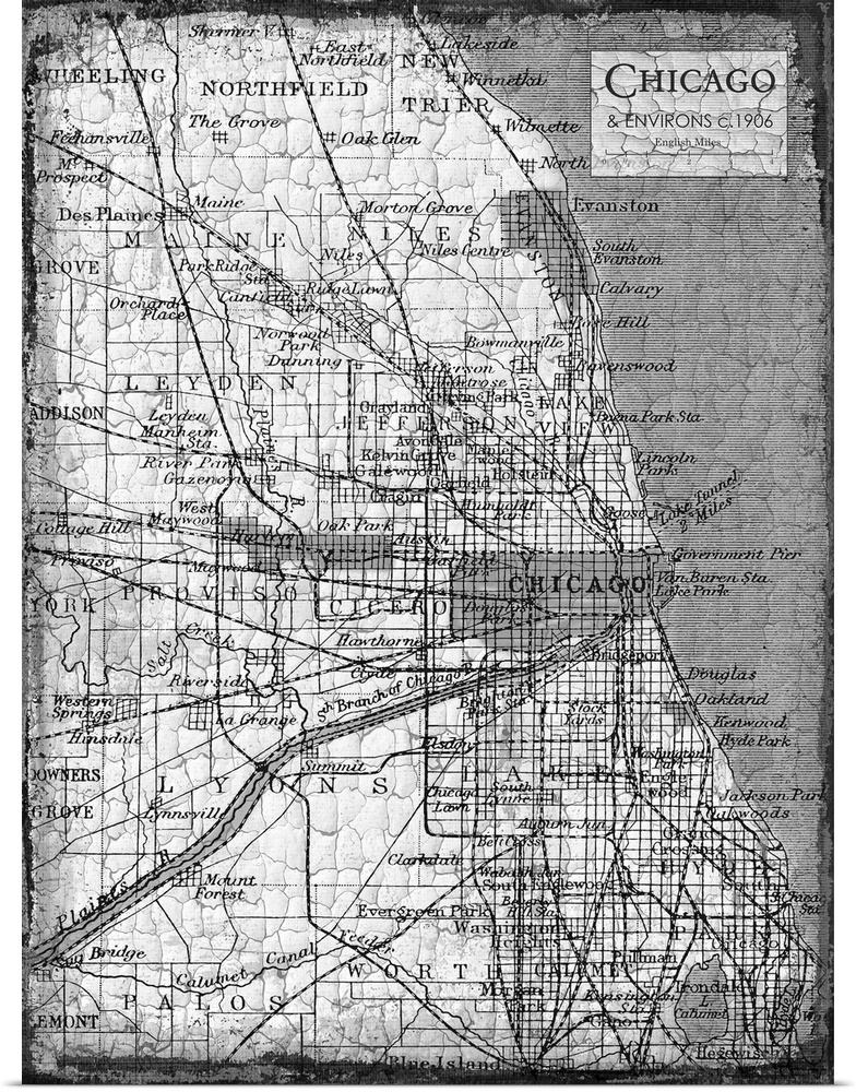 Rustic contemporary art map of Chicago districts, in black and white.