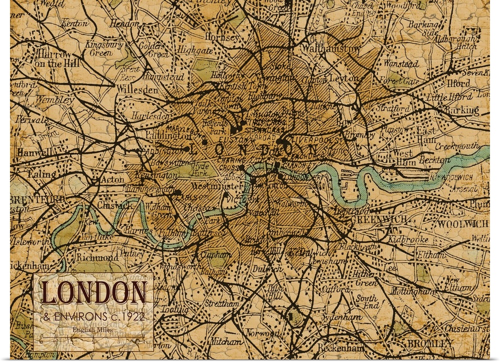 Rustic contemporary art map of London districts, in earthy tones.