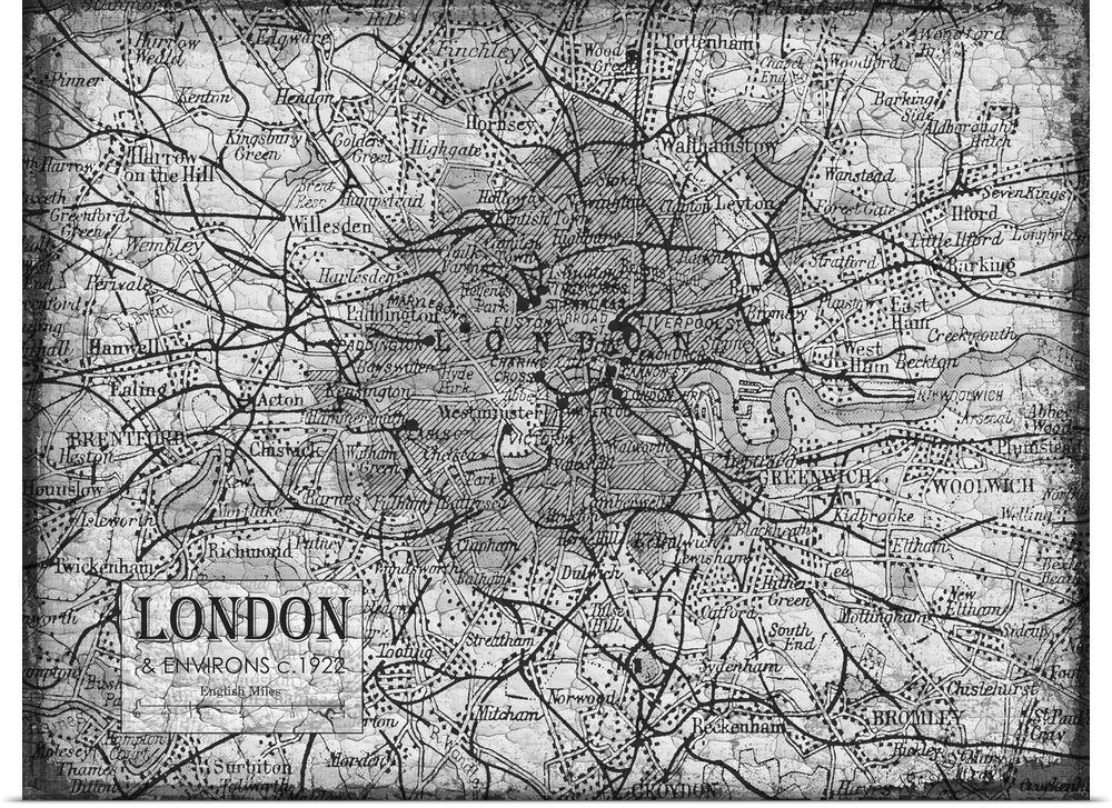 Rustic contemporary art map of London districts, in black and white.