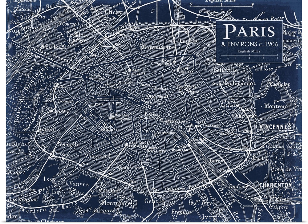 Rustic contemporary art map of Paris districts, in cool tones.