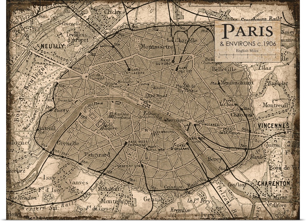 Rustic contemporary art map of Paris districts, in warm tones.