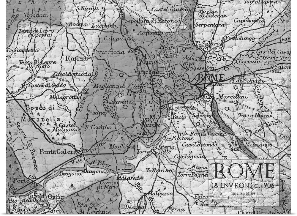 Rustic contemporary art map of Rome districts, in black and white.