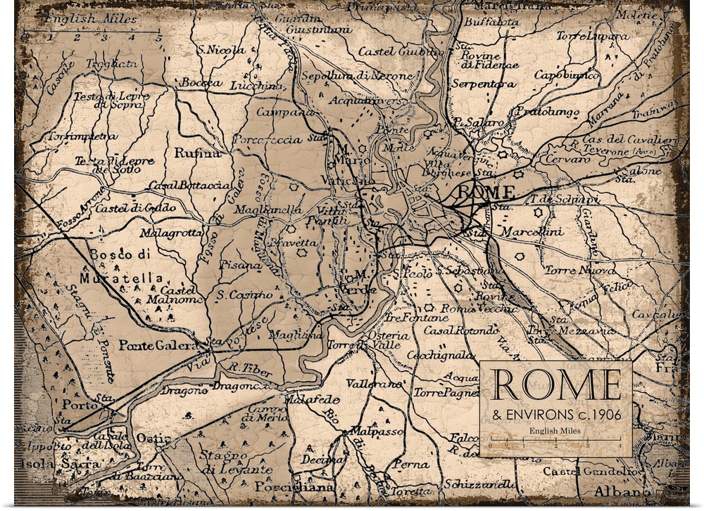 Rustic contemporary art map of Rome districts, in warm tones.