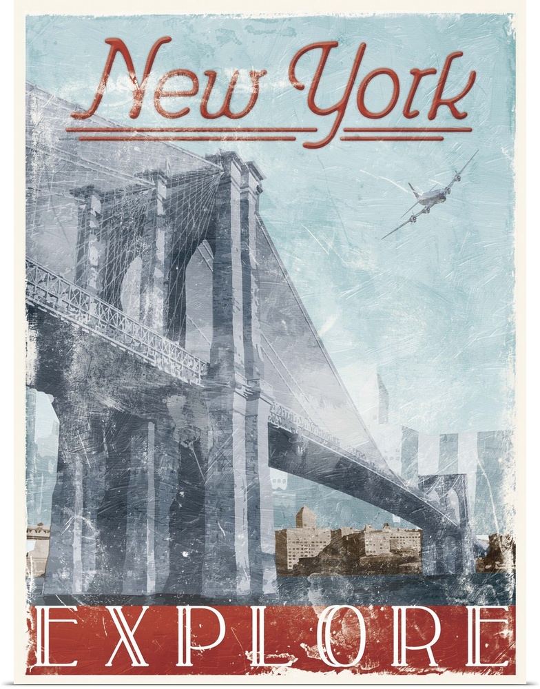 Home decor artwork of a travel poster for New York city in a vintage style.
