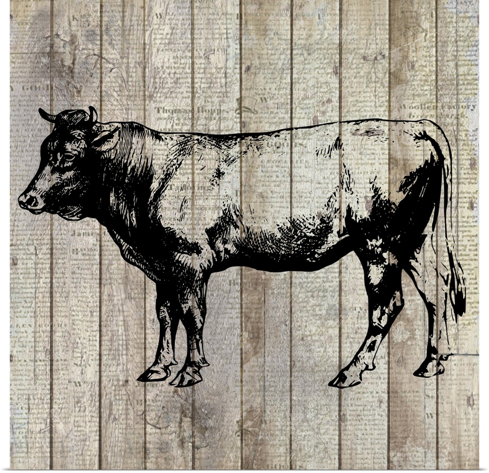 A painting of a cow on an aged wood panel background with a very faint text overlay.