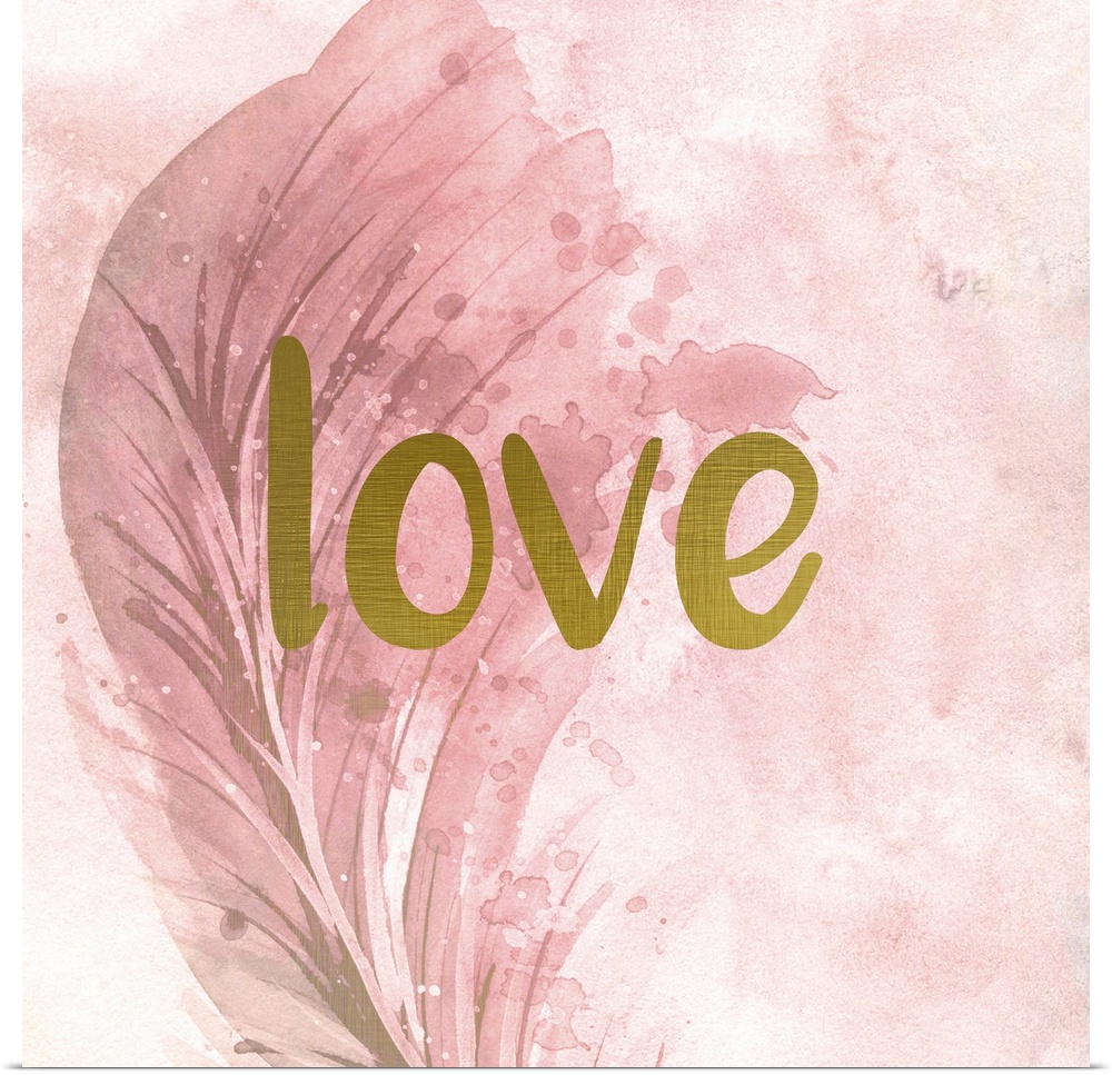 A pink watercolor painting of a feather with the word ?love? placed on top in gold text.�