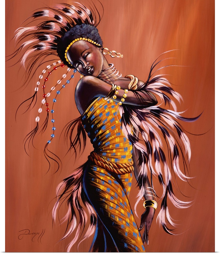Contemporary African painting of a woman in traditional festival dress dancing.