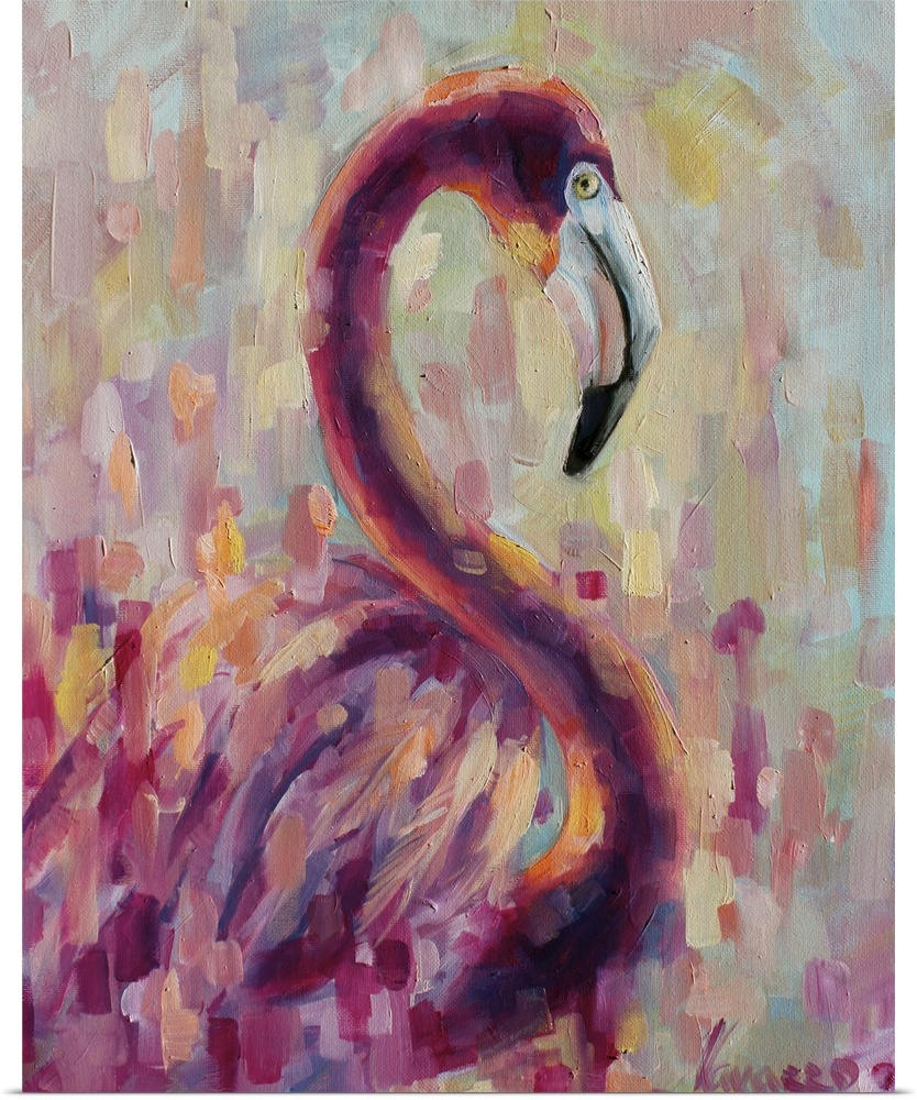 Contemporary painting of a flamingo against a colorful abstract background.
