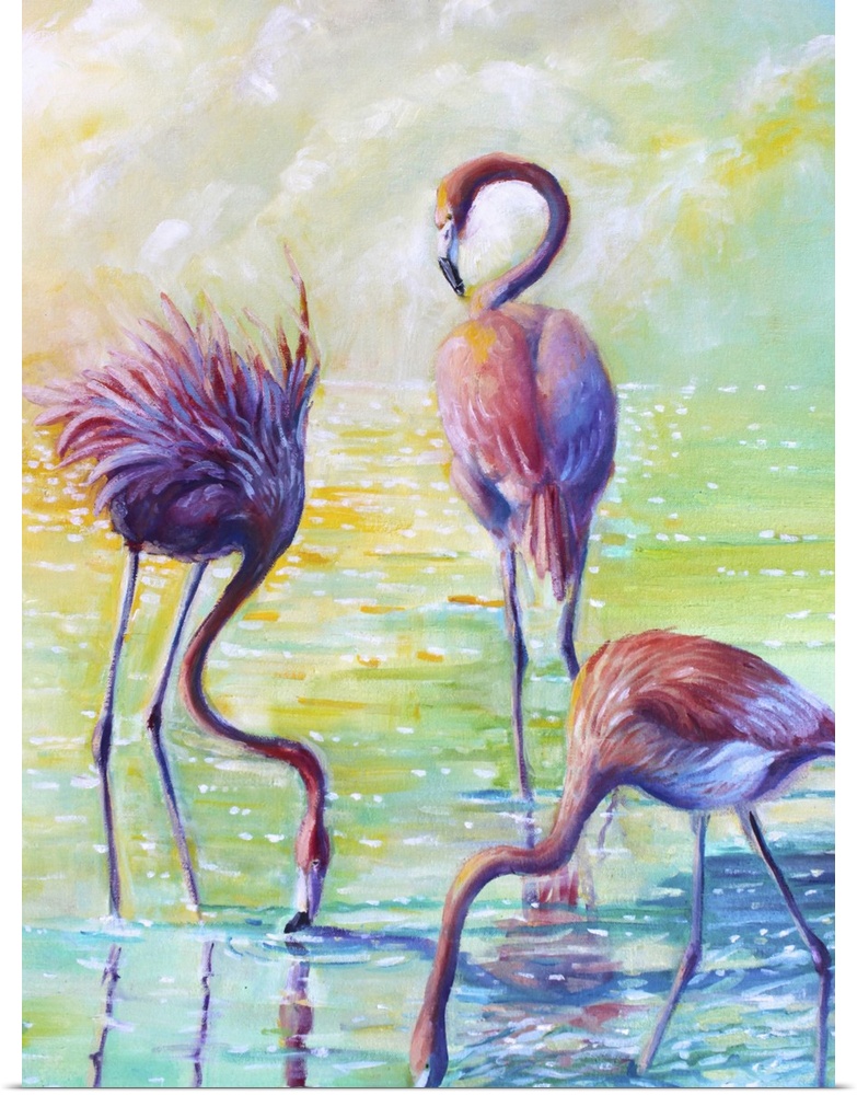 Contemporary colorful painting of vibrant pink flamingo standing in still shallow water.