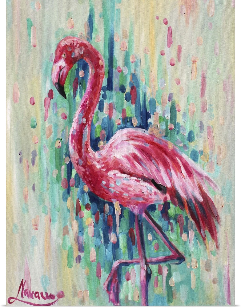 Contemporary painting of a flamingo against a colorful abstract background.