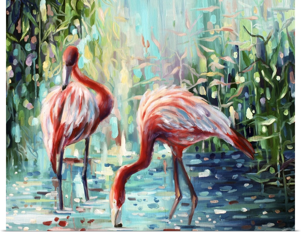 Contemporary painting of flamingos standing in shallow jungle waters.