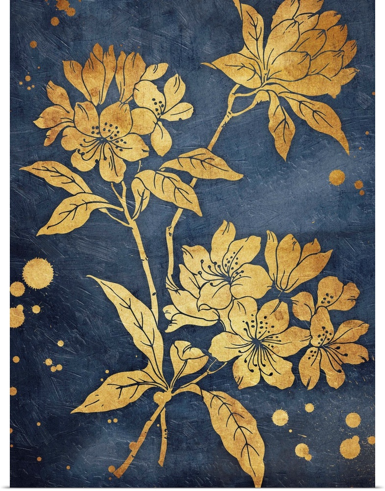 Gold tone flowers illustrated on a navy blue background.