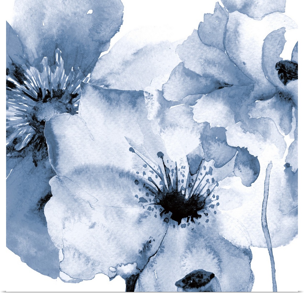 Contemporary watercolor painting of pale blue flowers with broad petals.