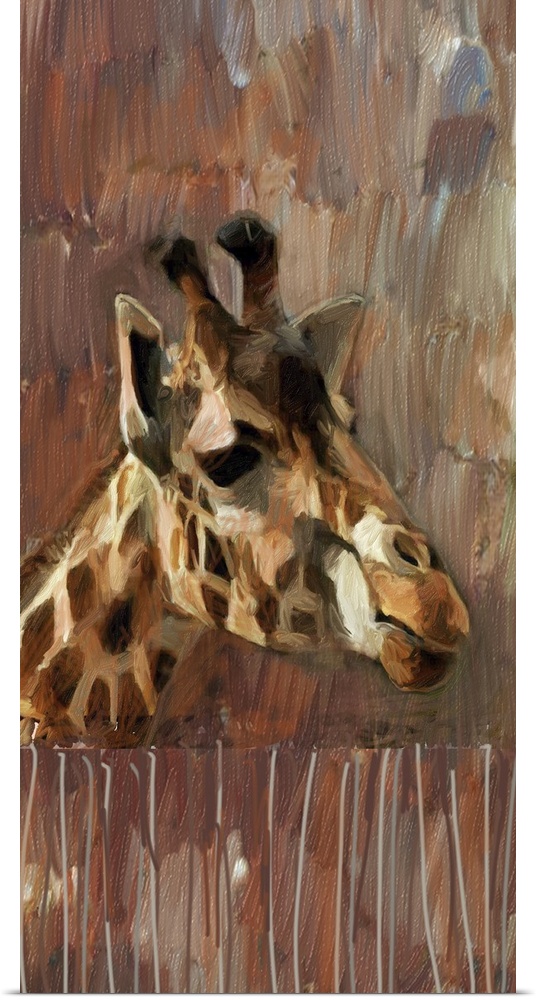 Portrait of a giraffe in low light on brown.