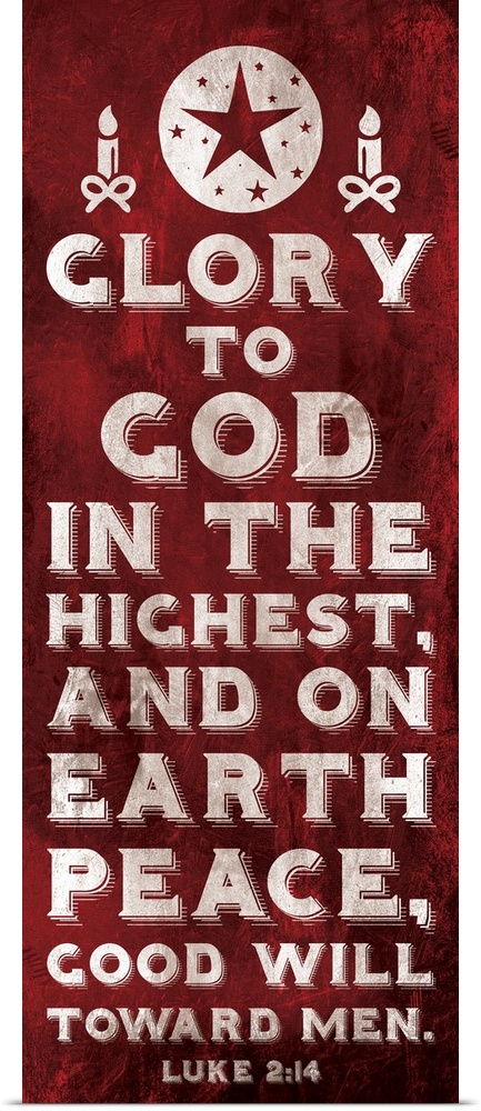 Vertical Christmas themed typography art of the Bible verse Luke 2:14 in white text on red.
