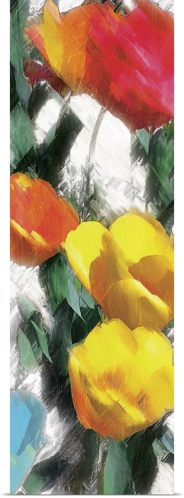 A contemporary abstract painting of yellow, orange, red, and blue flowers on a white background made up of broad diagonal ...