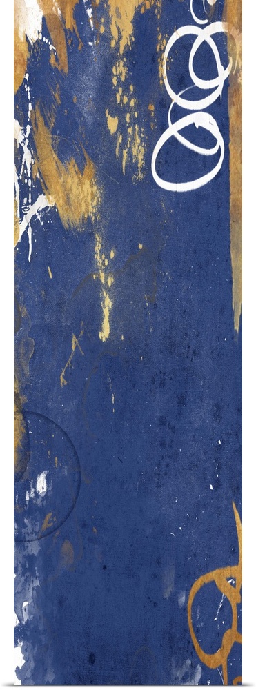 Vertical contemporary abstract art in shades of gold and navy.