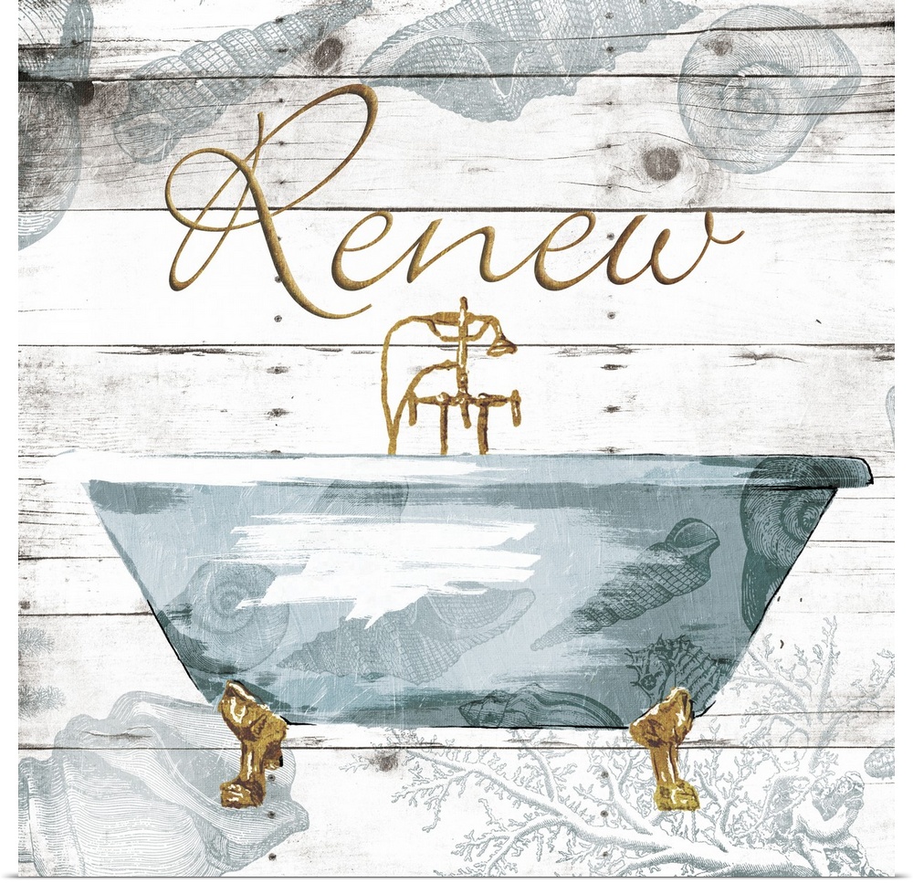 ?Renew? painted in gold with a blue claw foot tub on a white wood panel background with a seashell overlay.�