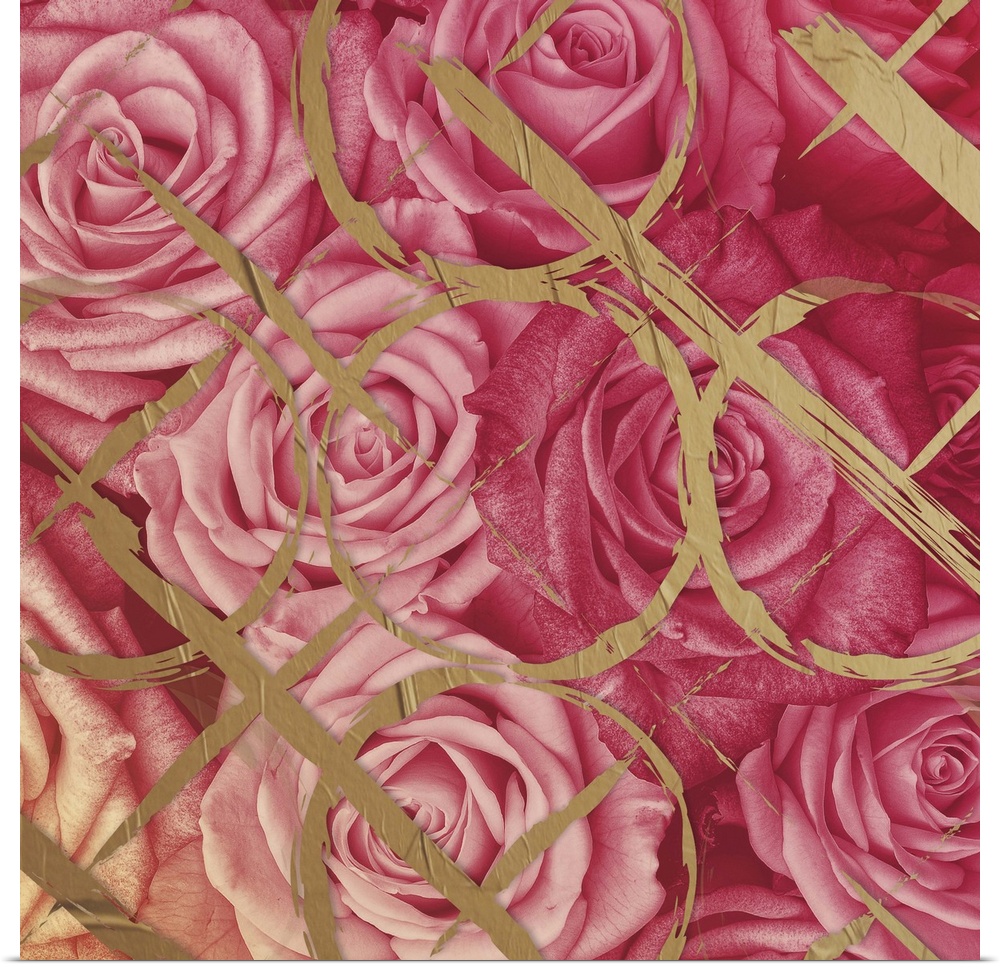 A photograph of pink roses with a gold design overlay.